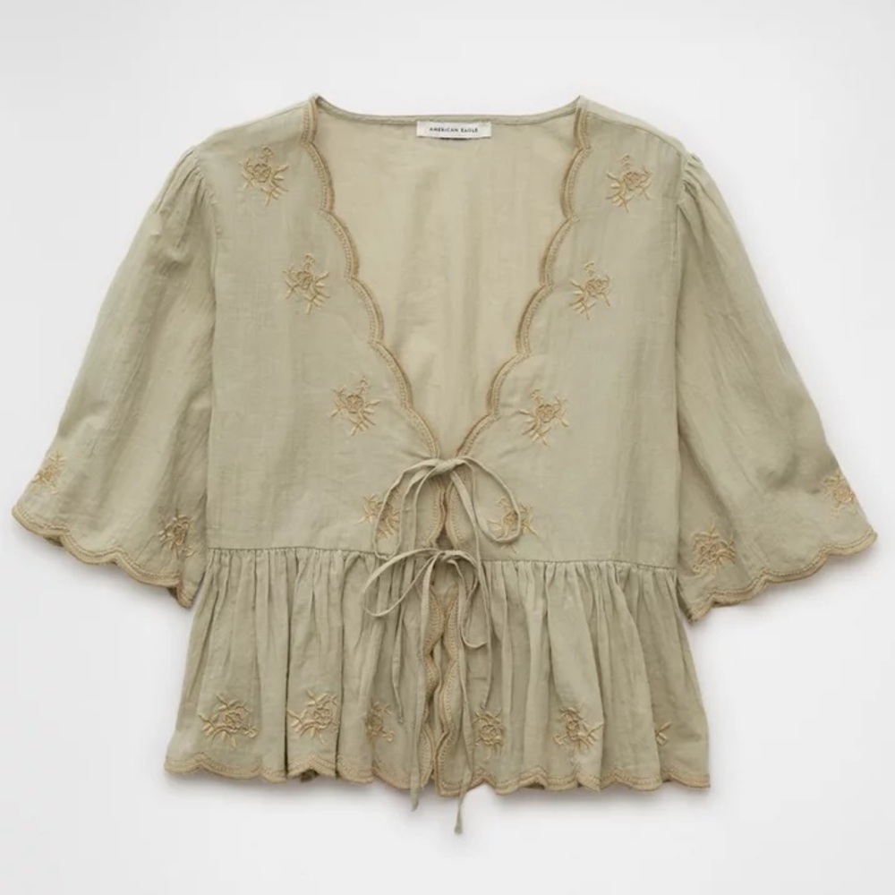 American Eagle Outfitters Olive Embroidered Blouse